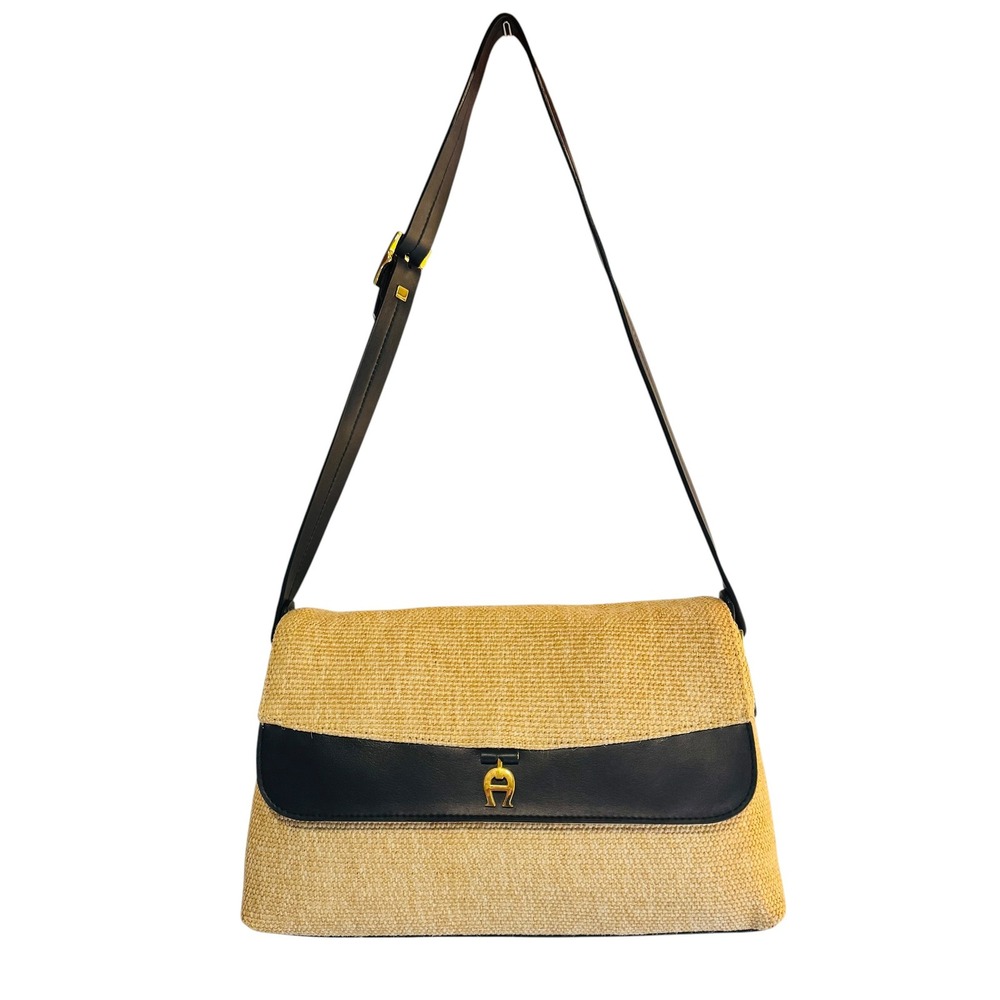 Etienne Aigner Woven Straw and Navy Leather Purse Shoulder Bag Gold Logo Y2K